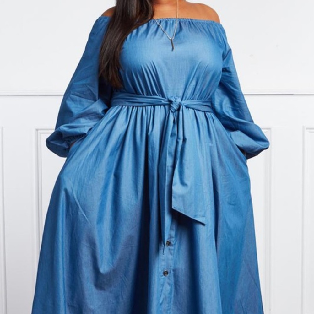Denim Off Shoulder Maxi Dress - Picture 5 of 5